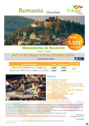 Circuito Rumana \-Monasterios de Bucovina\--8 das-Salidas desde Madrid de Mayo a Octubre 2024 desde 1.529 € 