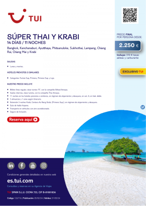 Tailandia. Sper Thai y Krabi. 14 d / 11 n. Exclusivo TUI. Salidas lunes y martes desde 2.250 € 