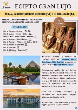 Egipto Gran Lujo! Lun Mad. 4 nts cruc Sonesta Moon GoddesS/Nile Capital 3 nts Marriott Mena House. Visitas incl