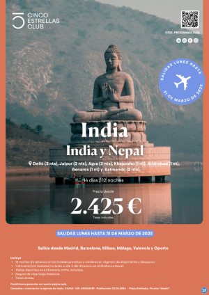 India desde 2.425 € India y Nepal 14d/12n salidas los lunes desde Mad, Bcn, Bio, Agp, Vlc y Opo