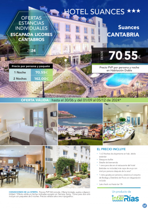 Escapada Licores Cntabros Hotel Suances 3* (Suances - Cantabria).- Hoteles para Individuales