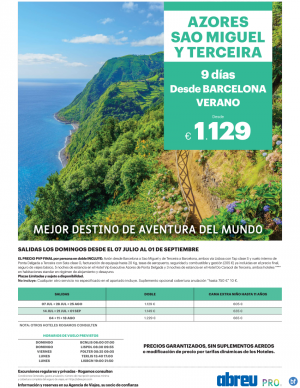 Azores Combinado 2 Islas desde Barcelona Jul a Sep salida domingos 9 dias pvp transparentes sin suplementos