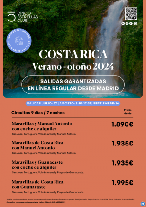 Costa Rica desde 1.935 € Maravillas y Guanacaste con coche alquiler 9d/7n desde Mad. Ln. reg. Plazas garantiz.