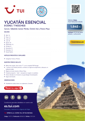 Yucatn Esencial. 9 d / 7 n. Easy TUI. Tour Regular. Salidas hasta diciembre desde MAD desde 1.845 € 