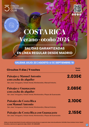 Costa Rica desde 2.035 € Paisajes y Manuel Antonio coche alquiler 11d/9n desde Mad. Ln. reg. Plazas garantiz.