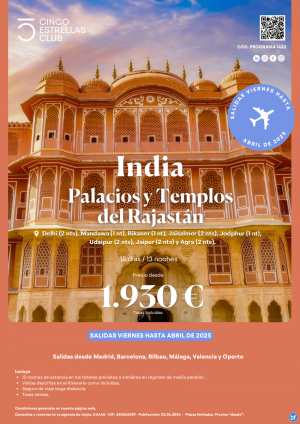 India desde 1.930 € Palacios y Templos del Rajastn 15d/13n sal. los viernes dsd Mad, Bcn, Bio, Agp, Vlc y Opo