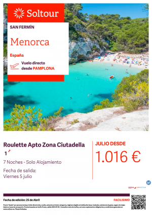 Menorca -  Roulette Apto Zona Ciutadella. Salida 5 de Julio desde Pamplona