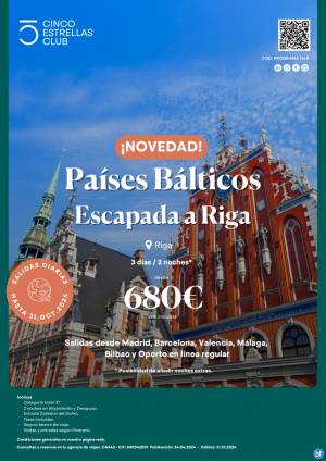 Novedad! Pases Blticos dsd 680 € Escapada a Riga 3d/2n dsd Mad,Bcn,Vlc,Agp,Bio,Opo sal. diarias ln.reg.