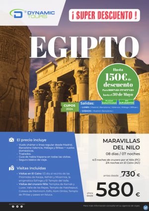 EGIPTO ?150? de dto.? ? salidas de May a Sep?Maravillas del Nilo?(3/4n cru + 4/3n cai)?desde 580 € 