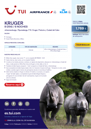 Sudfrica. Kruger. 9 d / 6 n. Tour Regular. Vuelos con AF, KL y DL desde Mad, Bcn y Bio desde 1.769 € 