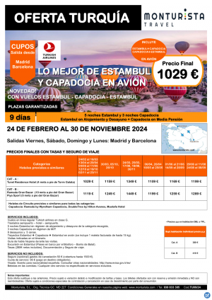 CUPOS Lo mejor de Estambul y Capadocia en avin**desde 1029 € -9 das.5n Estambul+3n Capadocia+2 vuelos interno