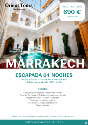 MARRAKECH. Viaje de 04 noches en un Riadh con excursiones incluidas. Vuelos diarios desde Bcn o Mad.