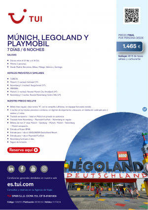 Mnich, Legoland y Playmobil. 7 d / 6 n. Salidas diarias hasta el 30 OCT desde 1.465 € 