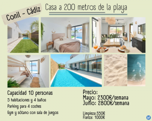 Costa de la Luz- Villa en Conil hasta 10 pax a 200 metros de la playa Mayo y Junio