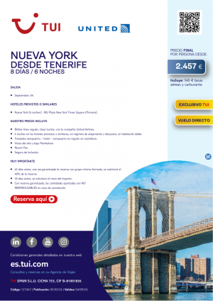 Nueva York. 8 d / 6 n. Exclusivo TUI. Vuelos con United desde Tenerife. 04 SEP desde 2.457 € 