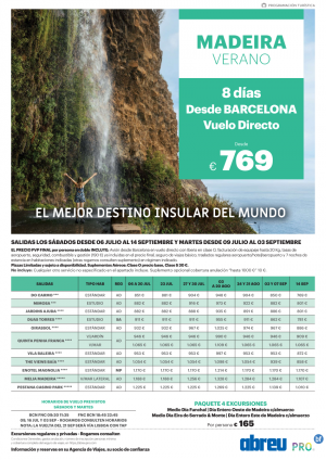 MADEIRA desde Barcelona vuelos directos Julio a Septiembre 8 dias 769 € pvp final, adems reserva excursiones