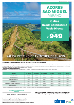 Azores desde Barcelona vuelos directos domingos 07 Jul a 08 Sep pvp transparentes sin suplementos