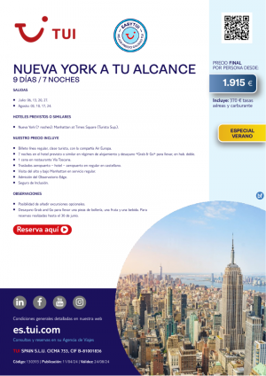 Nueva York a tu alcance. 9 d / 7 n. Especial Verano. Easy TUI. Salidas desde 1.915 € 