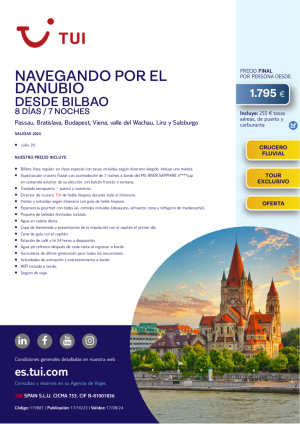 Crucero Fluvial. Navegando por el Dnubio. 8 d / 7 n. Tour Exclusivo. Salida 20 JUL desde Bilbao desde 1.795 € 