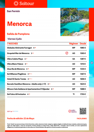 Menorca - Especial San Fermn desde 1.085 € , salida 5 Julio desde Pamplona