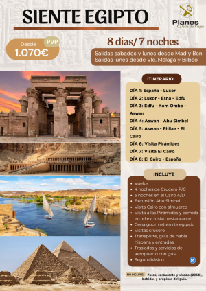 Vive Egipto diferente 7 noches: 4 crucero PC + 3 Cairo AD. Visitas exclusivas. Salidas lun y sab desde Madrid