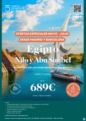 NUEVA OFERTA Egipto dsd 689 € Nilo y Abu Simbel 8d/7n salidas mayo-julio en chrter dsd mad y bcn + 3% dto