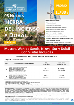 Nuevo Combinado Omn y Dubi: Tierra del Incienso y Dubi 08Nts con Visitas Incluidas hasta Oct.24