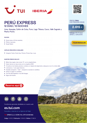 Per Express. 12 d / 10 n. Tour Regular. Vuelos con IB. Salidas diarias desde MAD desde 2.615 € 