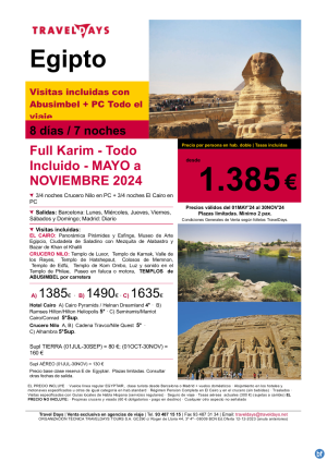 Egipto - Full Karim 8 das en P/C con crucero Nilo y visitas desde 1.385 € (cupos lunes y sbados)