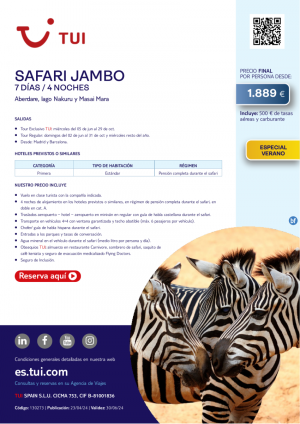 Kenia. Safari Jambo. 7 d / 4 n. Especial Verano. Salidas desde MAD y BCN desde 1.889 € 