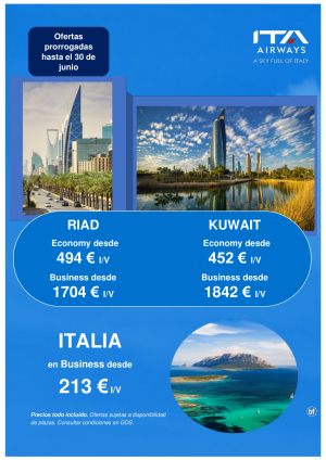 ITA Airways: Ofertas especiales a Oriente Medio e Italia. Venta hasta el 30 de junio!