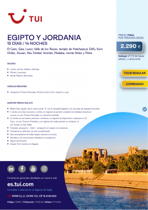 Egipto y Jordania. 15 d / 14 n. Tour Regular. Salidas desde MAD y BCN desde 2.290 € 