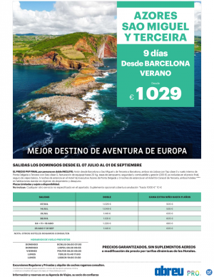 Azores Combinado Sao Miguel y Terceira desde Barcelona ultimas plazas Julio 9 dias desde 1029 € 