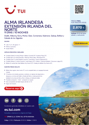 Alma Irlandesa. Ext. Irlanda del Norte. 11 d / 10 n. Tour Regular. Salidas jul y ago desde MAD desde 2.870 € 