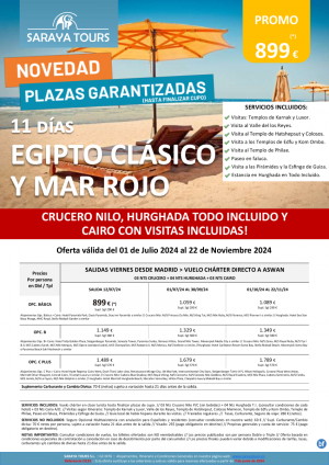 NUEVO! Egipto Clsico y Mar Rojo 11d Salida viernes dsd Mad *Crz, Hurghada y Cairo con visitas Incl* dsd 899 € 