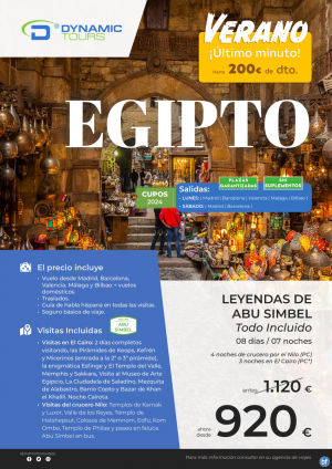 EGIPTO?200? de dto.??Leyendas de Abu Simbel T.I.?(4cru + 3cai) ? salidas: mad, bcn, agp, vlc, bio?dsd 920 € 