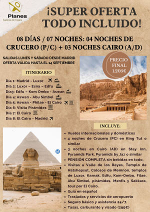 Super Oferta Egipto Todo Incluido! 4 nts crucero King Tut o similar  + 3 nts Cairo Pyramids by Jazz o similar