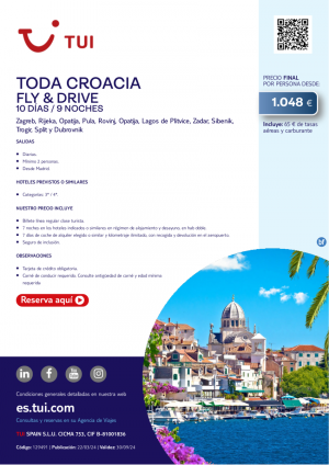 Todo Croacia. 10 d / 9 n. Fly & Drive. Salidas diarias desde MAD desde 1.048 € 