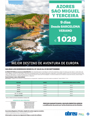 Azores COMBINADO Sao Miguel y Terceira desde Barcelona 9 das ultimas plazas salida 07 y 14 Julio