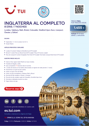 Inglaterra al Completo. 8 d / 7 n. Easy TUI. Salidas septiembre y octubre desde MAD desde 1.455 € 