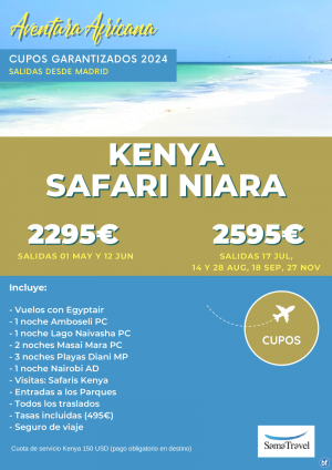 KENYA \-Safari Niara+Playa\-: 11 das con Amboseli, Lago Naivasha, Masai Mara, playa Diani, Nairobi, *dsd 2295 € *