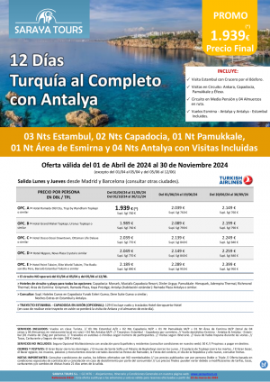Exclusivo! Turqua al Completo con Playa Antalya 12 das: Circuito con Visitas Incluidas y Playa hasta Nov 24