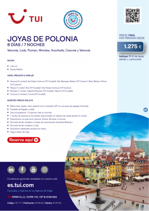 Joyas de Polonia. 8 d / 7 n. Easy TUI. Salida 01 JUL desde MAD desde 1.275 € 