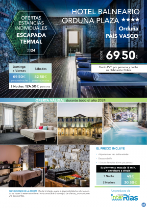 Escapada Termal Hotel Balneario Ordua Plaza 4* (Ordua - Pas Vasco).- Hoteles para Individuales