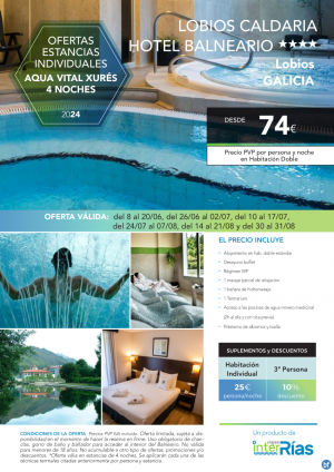 Aqua Vital Xurs 4 Noches Lobios Caldaria Hotel Balneario 4*.- Hoteles para Individuales