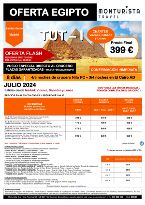 of.Flash - TUT I **desde 399 € -GANGA-salida desde Madrid vnes,sb,lun,8 das,4/3n Crucero, 3/4n Cairo + Visitas