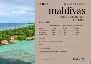 Maldivas Hotel The Residence Dhigurah 7 noches en *Todo Incluido* hasta Octubre desde 3.535 € 