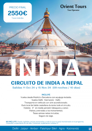 INDIA. Viaje de 09 noches hasta Nepal. Salida del 11 de Oct al 15 de Nov desde Bcn y Mad.