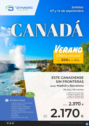 CANAD ?200? de dto.? (8d/6n) ? salidas 07 y 14 Sep: mad y bcn ? desde 2.170 € 