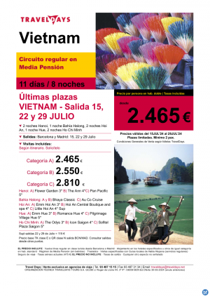 Vietnam 11 das  - Ultimas plazas 15, 22 y 29 de Julio desde BCN/MAD a partir de 2.465 € 